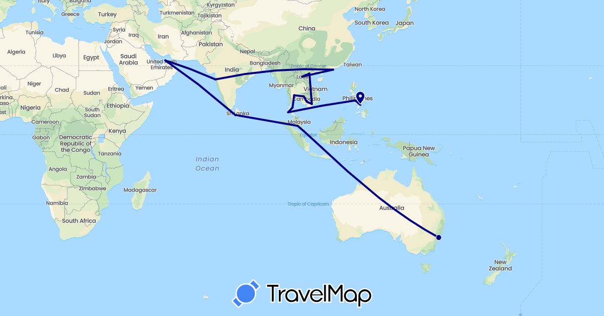 TravelMap itinerary: driving in United Arab Emirates, Australia, China, India, Cambodia, Laos, Sri Lanka, Malaysia, Philippines, Singapore, Thailand, Vietnam (Asia, Oceania)
