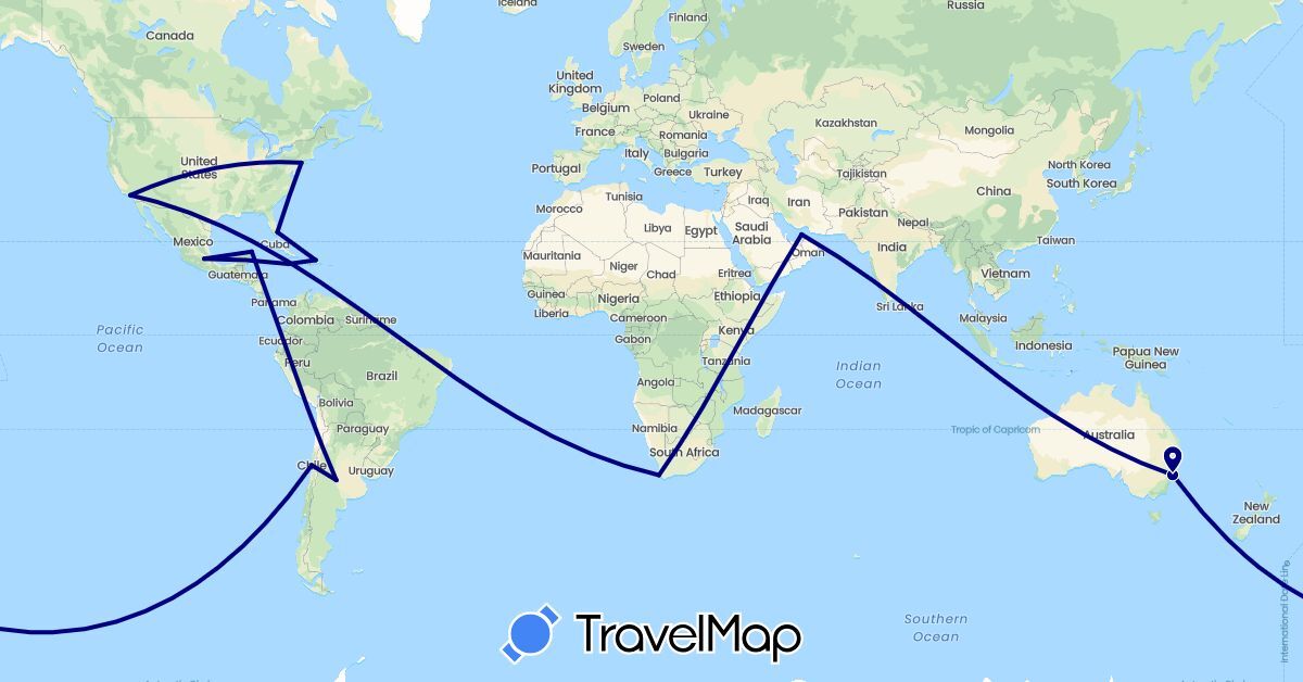 TravelMap itinerary: driving in United Arab Emirates, Argentina, Australia, Chile, Dominican Republic, Jamaica, Mexico, United States, South Africa (Africa, Asia, North America, Oceania, South America)