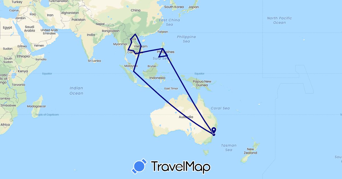 TravelMap itinerary: driving in Australia, Cambodia, Laos, Philippines, Singapore, Thailand, Vietnam (Asia, Oceania)